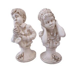 Vtg Girl Covering Ears Boy with Sax Universal Statuary white Signed Kendrick1971